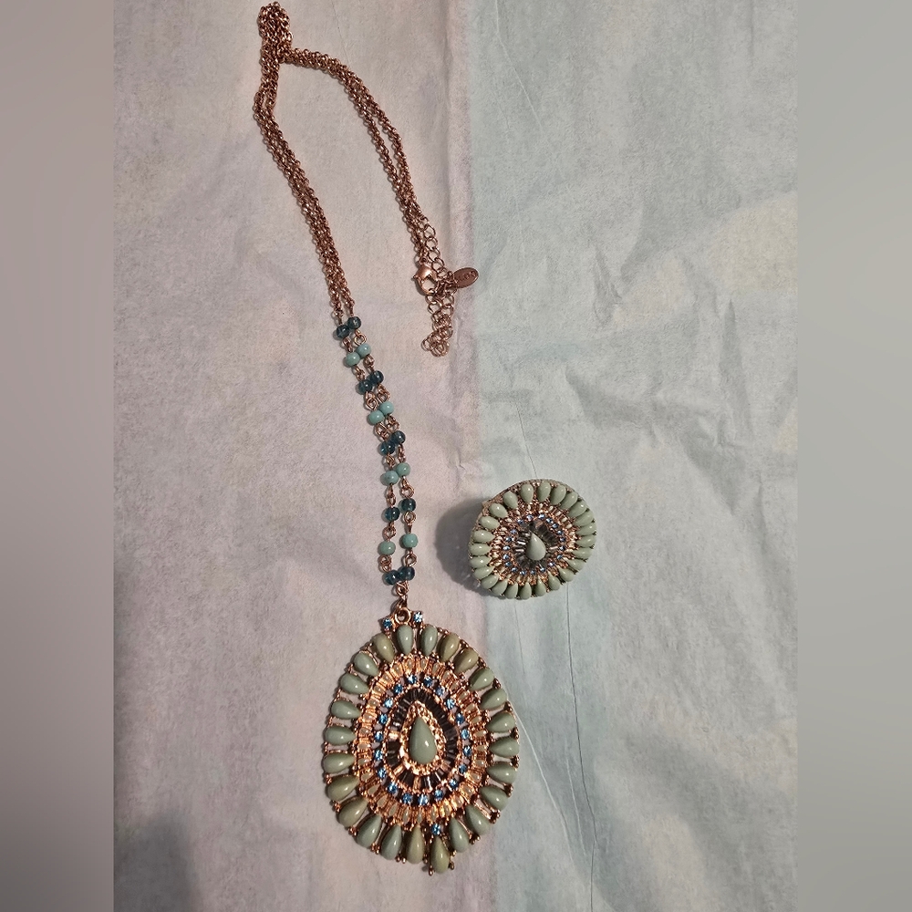 Rose Gold and Mint Teardrop Pendant Necklace and Ring Set